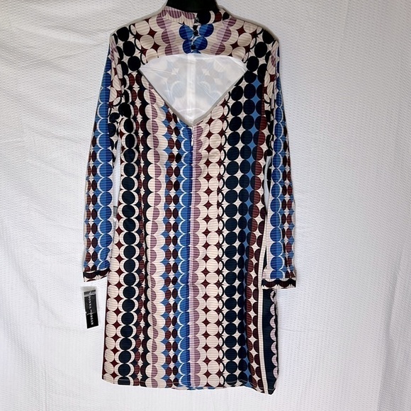 DONNA Morgan Long Sleeve Blue, Brown, and Cream Circle Print Mini Dress - Size 2 - Picture 6 of 11